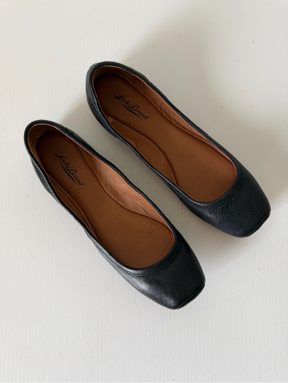Lucky Brand Black Leather Square Toe Ballet Flats